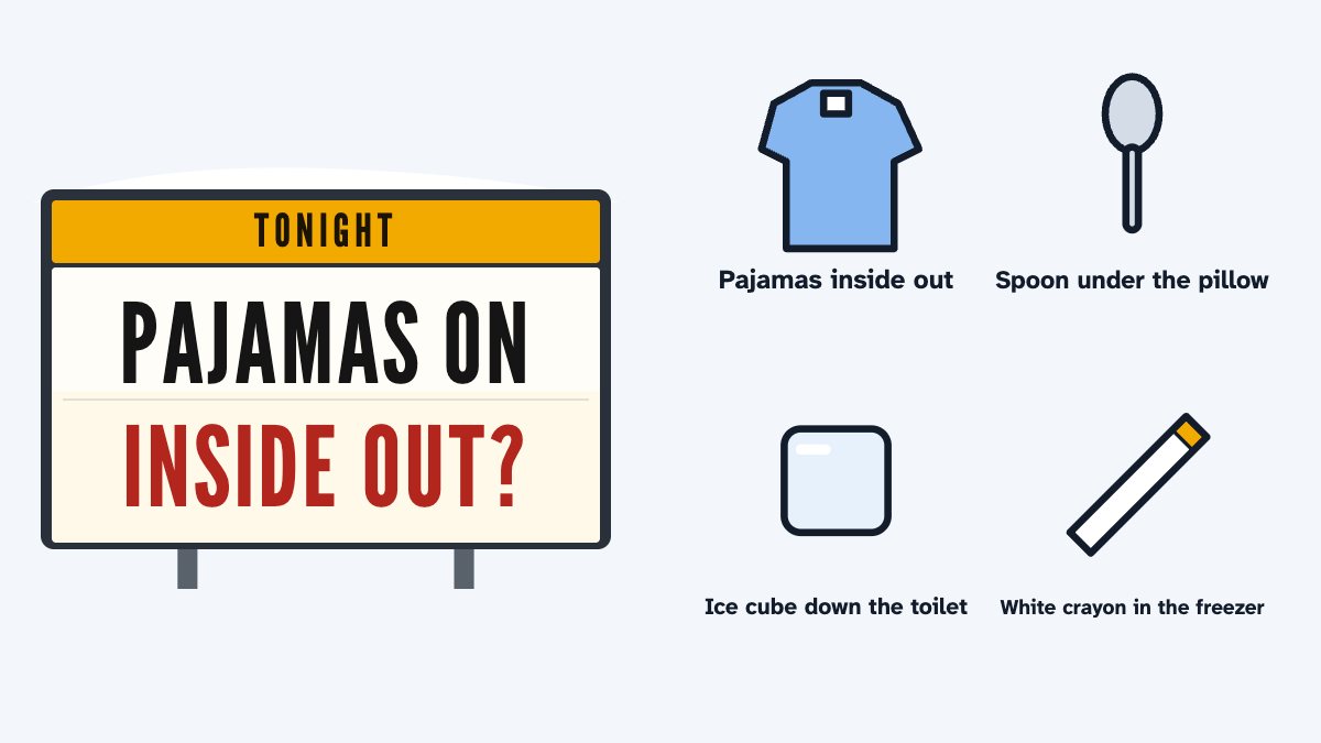 A school sign reading "Pajamas on inside out?" beside drawings of inside-out pajamas, a spoon, an ice cube and a white crayon